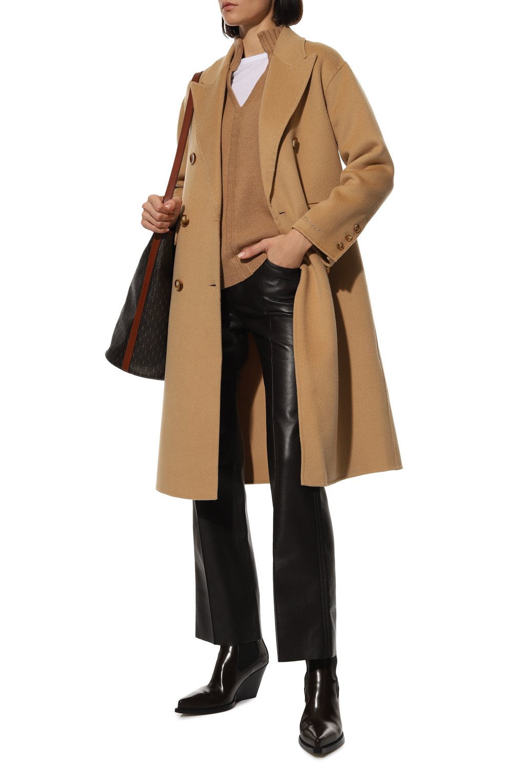 Женское шерстяное пальто ERMANNO FIRENZE бежевого цвета, арт. D41ED 003APEG4 | Фото 2 (Материал внешний: Шерсть; Рукава: Длинные; Длина (верхняя одежда): До колена; 1-2-бортные: Двубортные; Стили: Кэжуэл)