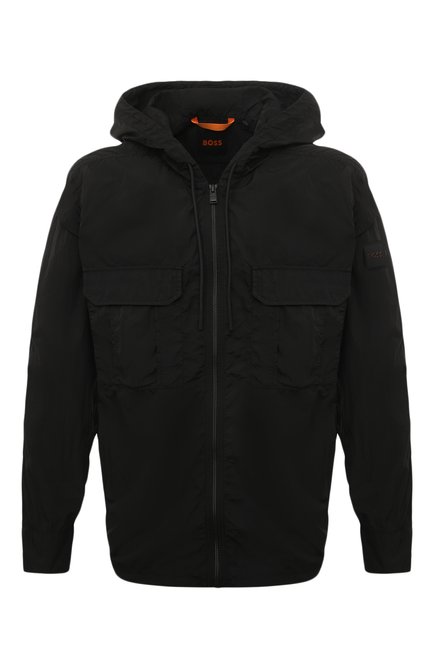 Мужская куртка BOSS ORANGE черного цвета, арт. 50488123 | Фото 1 (Рукава: Длинные; Длина (верхняя одежда): Короткие; Материал внешний: Синтетический материал; Кросс-КТ: Ветровка, Куртка; Стили: Кэжуэл)