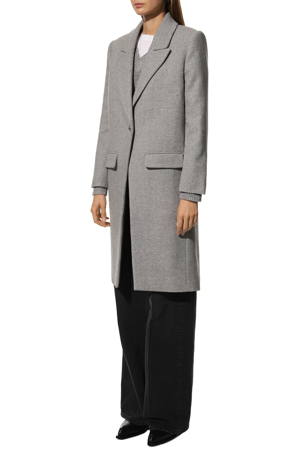 Женское пальто из шерсти и кашемира ZADIG&VOLTAIRE серого цвета, арт. WWC000184 | Фото 3 (Материал внешний: Шерсть; Рукава: Длинные; Длина (верхняя одежда): До колена; Региональные ограничения белый список (Axapta Mercury): Не проставлено; Материал сплава: Проставлено; Нос: Не проставлено; 1-2-бортные: Однобортные; Драгоценные камни: Проставлено; Материал подклада: Вискоза; Стили: Кэжуэл)