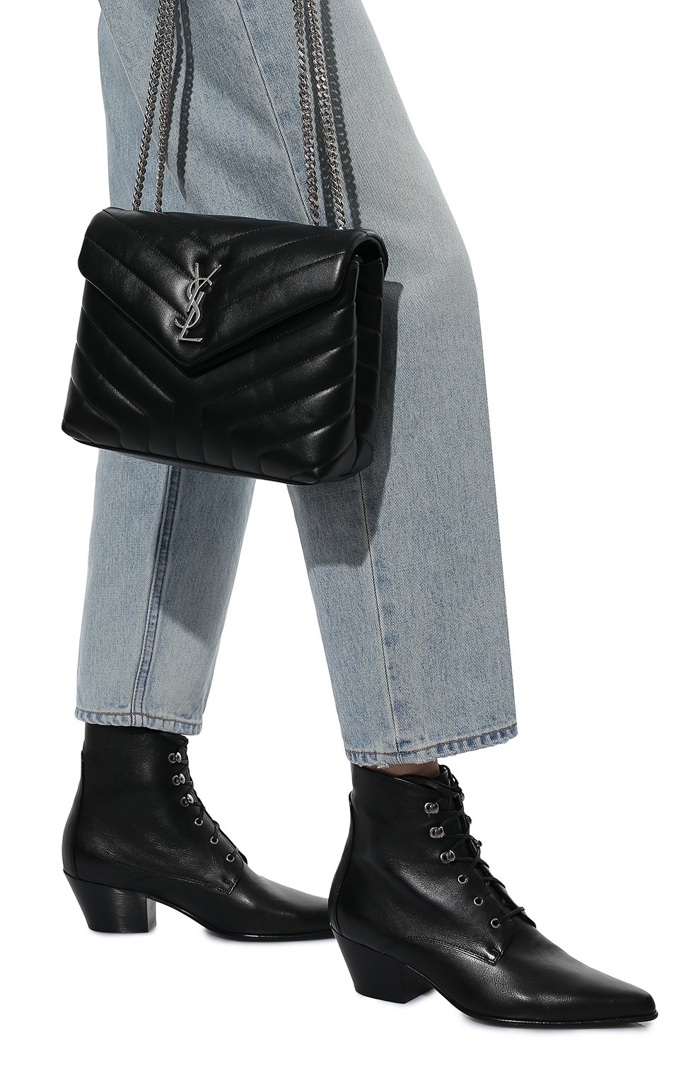 Женские кожаные казаки susan SAINT LAURENT черного цвета, арт. 676158/0ZZ00 | Фото 3 (Женское Кросс-КТ: Казаки-ботинки; Каблук высота: Низкий; Материал внутренний: Натуральная кожа; Каблук тип: Устойчивый; Материал утеплителя: Без утеплителя; Подошва: Плоская)