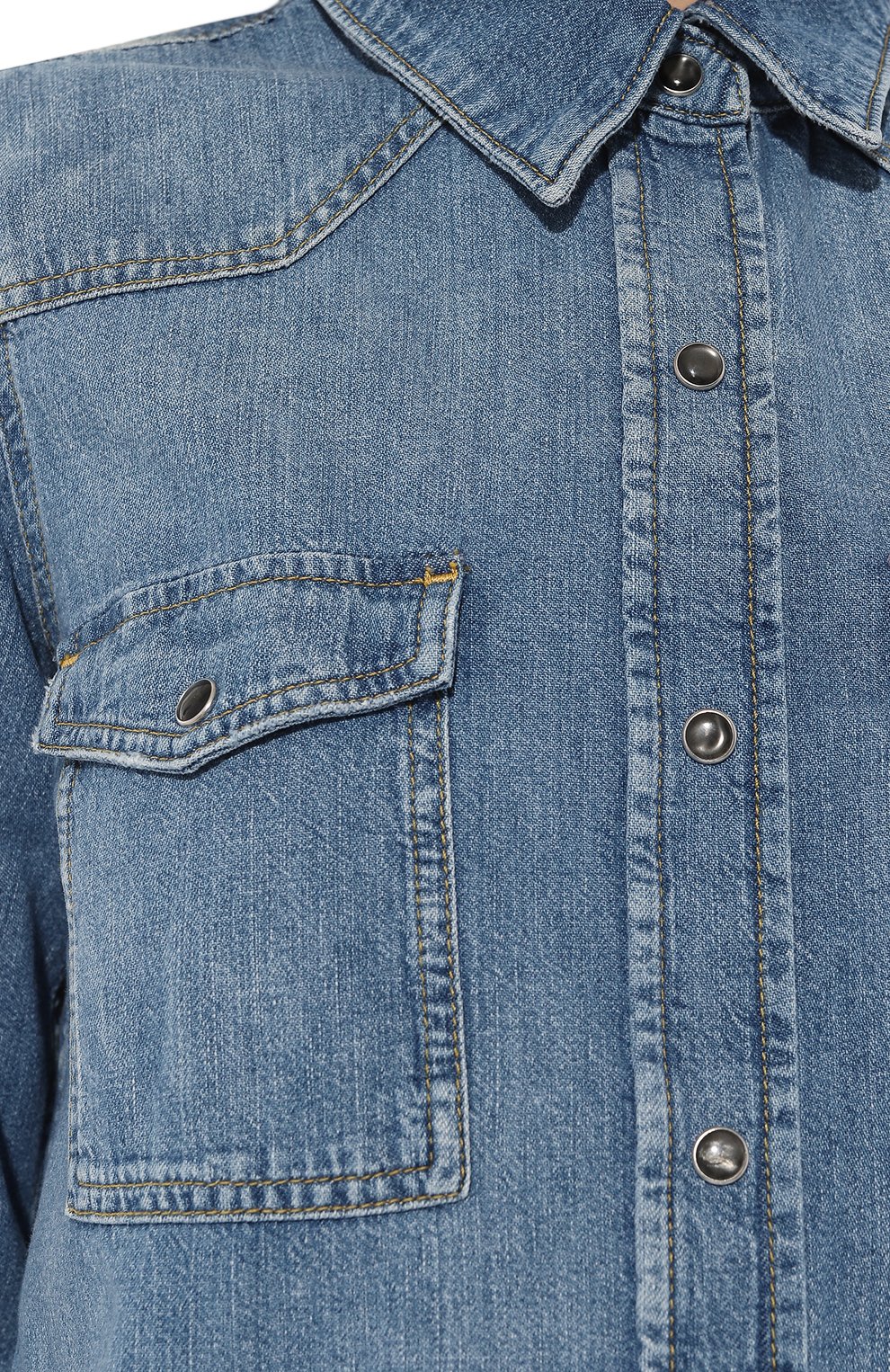 Женская джинсовая рубашка 7 FOR ALL MANKIND голубого цвета, арт. JSYRC210CL | Фото 5 (Рукава: Длинные; Кросс-КТ: Деним; Принт: Без принта; Женское Кросс-КТ: Рубашка-одежда; Длина (для топов): Стандартные; Стили: Гранж; Материал внешний: Хлопок, Деним)