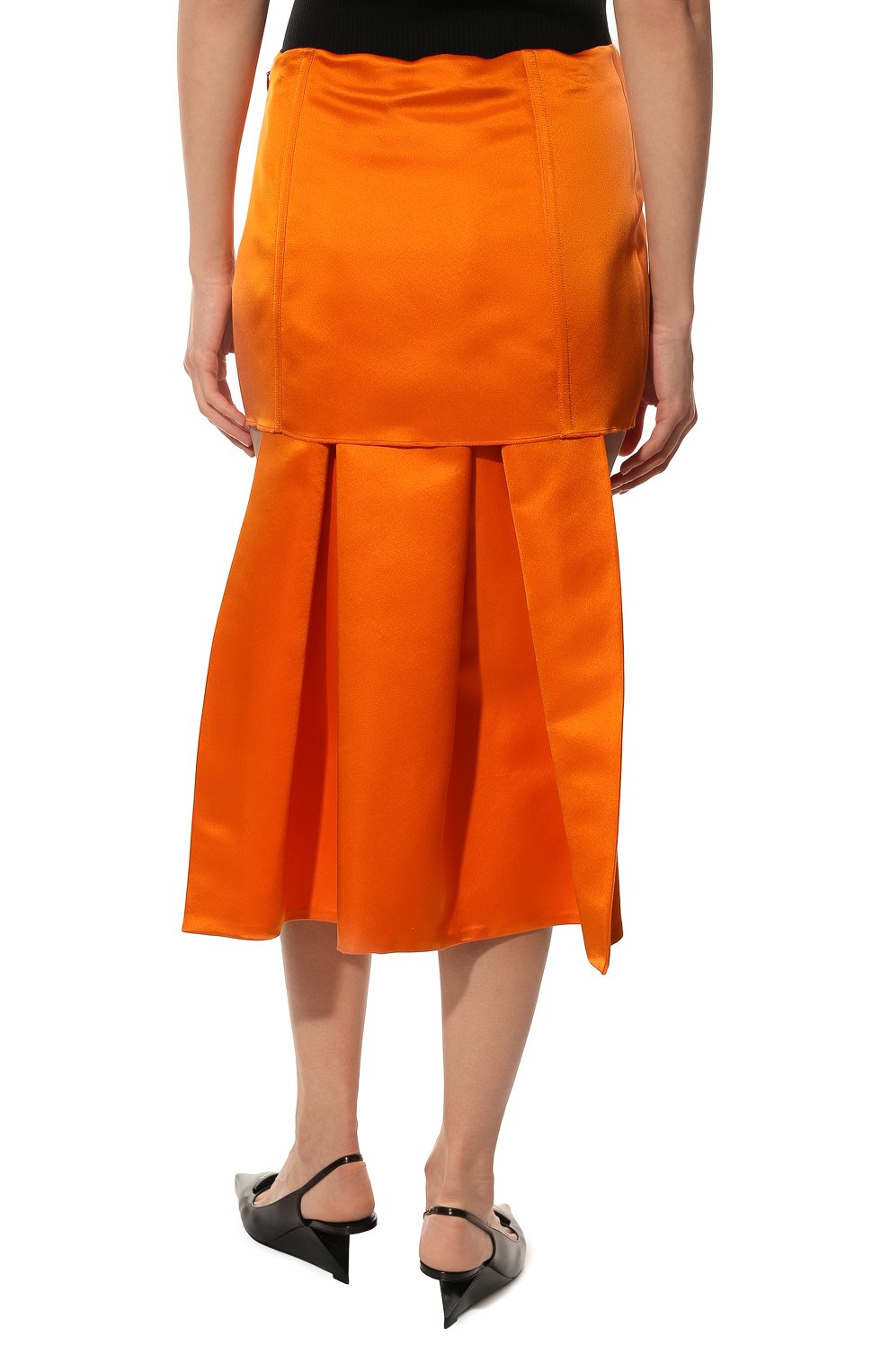 Женская шелковая юбка PRADA оранжевого цвета, арт. P101UG-393-F0049-221 | Фото 4 (Материал внешний: Шелк; Стили: Гламурный; Длина Ж (юбки, платья, шорты): Мини; Женское Кросс-КТ: Юбка-одежда)