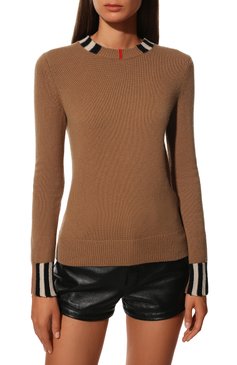 Женский кашемировый пуловер BURBERRY коричневого цвета, арт. 8020391 | Фото 3 (Материал внешний: Шерсть, Кашемир; Рукава: Длинные; Длина (для топов): Стандартные; Женское Кросс-КТ: Пуловер-одежда; Статус проверки: Проверена категория)