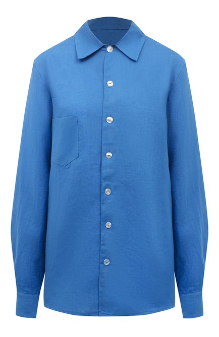 Женская льняная рубашка LÉAH синего цвета, арт. BC.SH.071.4000.400 | Фото 1 (Длина (для топов): Удлиненные; Драгоценные камни: Проставлено; Материал сплава: Проставлено; Рукава: Длинные; Материал внешний: Лен)