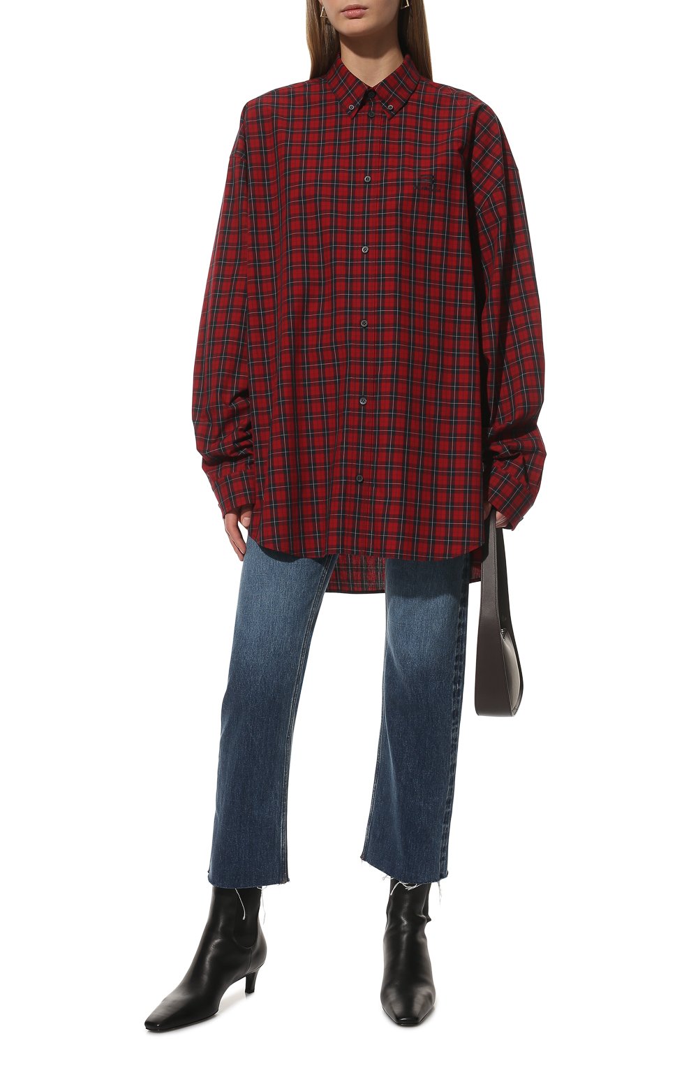 Женская хлопковая рубашка BALENCIAGA красного цвета, арт. 681004/TLM20 | Фото 2 (Принт: Клетка; Рукава: Длинные; Женское Кросс-КТ: Рубашка-одежда; Стили: Гранж; Длина (для топов): Удлиненные; Материал сплава: Проставлено; Нос: Не проставлено; Материал внешний: Хлопок; Драгоценные камни: Проставлено)
