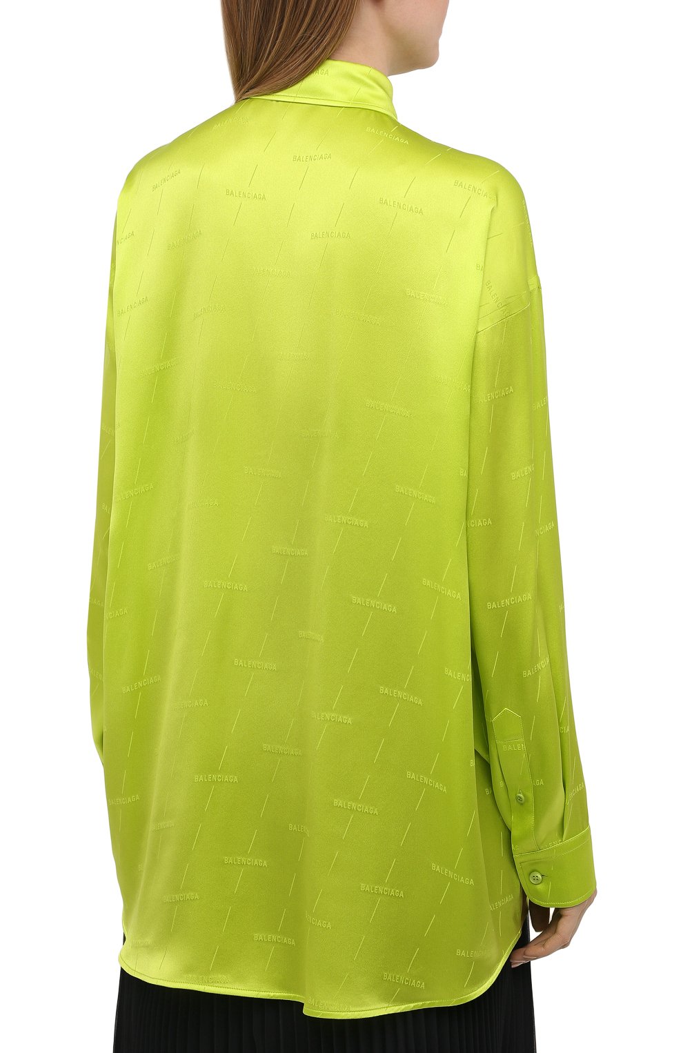 Женская шелковая рубашка BALENCIAGA зеленого цвета, арт. 623037/TJN07 | Фото 4 (Материал внешний: Шелк; Рукава: Длинные; Принт: Без принта; Женское Кросс-КТ: Рубашка-одежда; Длина (для топов): Удлиненные; Региональные ограничения белый список (Axapta Mercury): RU; Материал сплава: Проставлено; Драгоценные ка мни: Проставлено; Стили: Романтичный)