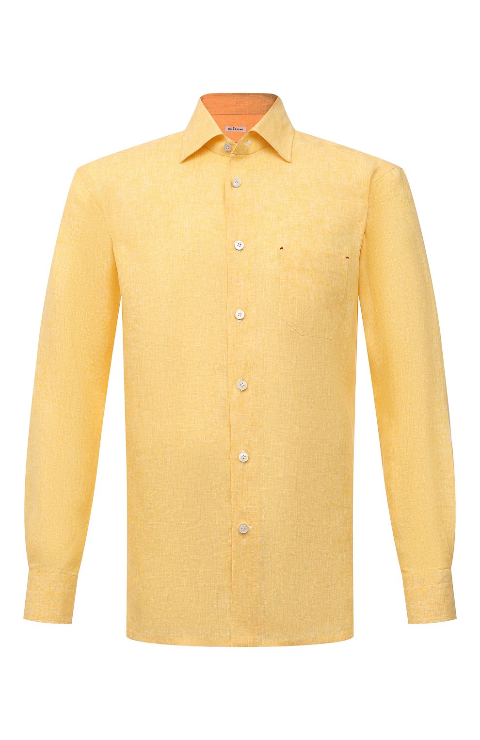 Мужская льняная рубашка KITON желтого цвета, арт. UMCNERH0768503 | Ф�ото 1 (Манжеты: На пуговицах; Рукава: Длинные; Воротник: Акула; Случай: Повседневный; Длина (для топов): Стандартные; Рубашки М: Slim Fit; Региональные ограничения белый список (Axapta Mercury): RU; Материал внешний: Лен; Принт: Однотонные; Стили: Кэжуэл)