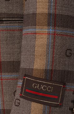 Мужской шерстяной пиджак GUCCI коричневого цвета, арт. 675837 ZAHLM | Фото 5 (Стили: Ретро; Случай: Коктейльный; Материал внешний: Шерсть; Рукава: Длинные; Длина (для топов): Стандартные; Материал сплава: Проставлено; Драгоценные камни: Проставлено; 1-2-бортные: Двубортные; Пиджаки М: Приталенный)