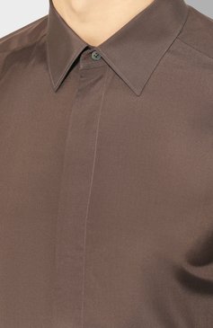 Мужская рубашка из смеси шелка и хлопка ERMENEGILDO ZEGNA коричневого цвета, арт. 701404/9YC0CA | Фото 5 (Манжеты: На пуговицах; Воротник: Кент; Материал внешний: Шелк, Хлопок; Рукава: Длинные; Длина (для топов): Стандартные; Материал сплава: Проставлено; Случай: Формальный; Принт: Однотонные; Драгоценные камни: Проставлено; Мужское Кросс-КТ: Рубашка-одежда; Статус проверки: Проверена категория)