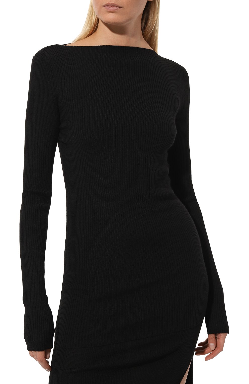 Женский шерстяной пуловер RICK OWENS черного цвета, арт. RP02C1683/RIBM | Фото 3 (Материал внешний: Шерсть; Рукава: Длинные; Длина (для топов): Удлиненные; Материал сплава: Проставлено; Женское Кросс-КТ: Пуловер-одежда; Драгоценные камни: Проставлено; Стили: Кэжуэл)