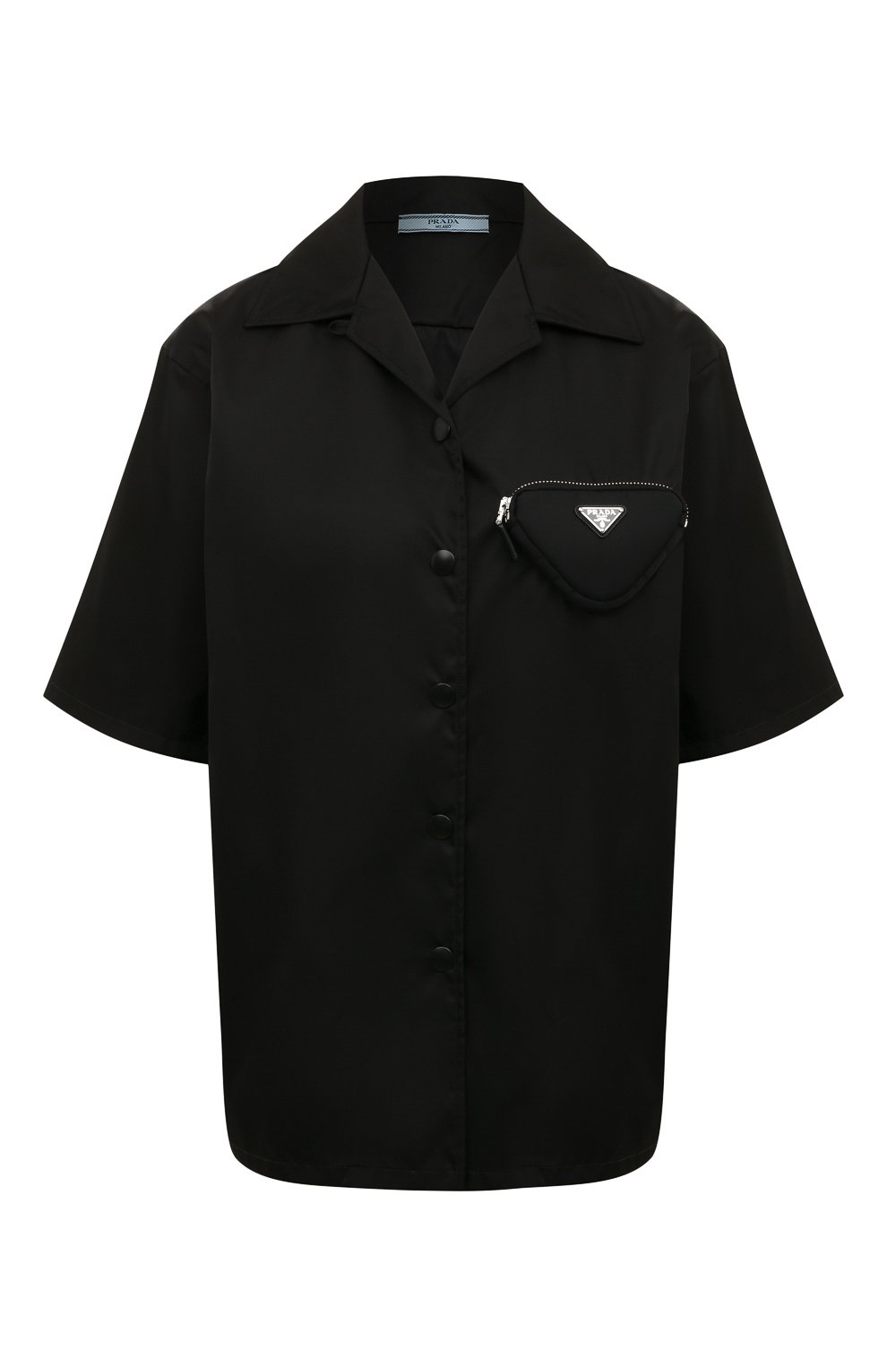 Женская рубашка PRADA черного цвета, арт. 24X702-1WQ8-F0002-212 | Фото 1 (Стили: Гламурный; Принт: Без принта; Рукава: Короткие; Женское Кросс-КТ: Рубашка-одежда; Материал внешний: Синтетический материал; Длина (для топов): Стандартные)