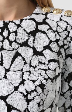 Женское платье с пайетками BALMAIN черно-белого цвета, арт. TF16200/X351 | Фото 5 (Рукава: Длинные; Случай: Вечерний; Длина Ж (юбки, платья, шорты): Мини; Материал внешний: Синтетический материал; Материал подклада: Синтетический материал; Женское Кросс-КТ: Платье-одежда)