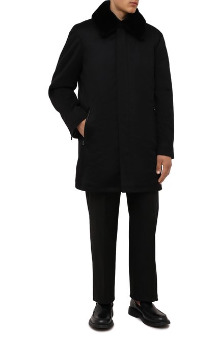 Мужской кашемировое пальто с меховой отделкой ZILLI черного цвета, арт. MAW-TIMBU-03001/0001 | Фото 2 (Материал внешний: Шерсть, Кашемир; Материал подклада: Шелк; Мужское Кросс-КТ: пальто-верхняя одежда; Длина (верхняя одежда): До середины бедра; Рукава: Длинные; Стили: Классический)