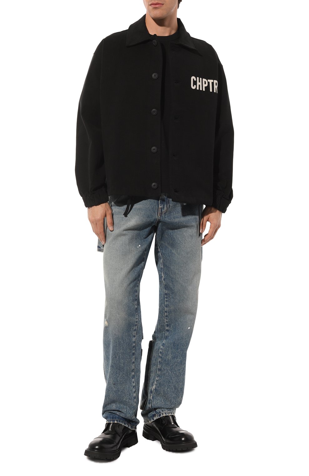 Мужская хлопковая куртка-рубашка TEE LIBRARY черного цвета, арт. TCF-43-JK-BK | Фото 2 (Рукава: Длинные; Кросс-КТ: Деним; Материал сплава: Проставлено; Материал внешний: Хлопок; Драгоценные камни: Проставлено; Длина (верхняя одежда): Короткие; Стили: Кэжуэл)