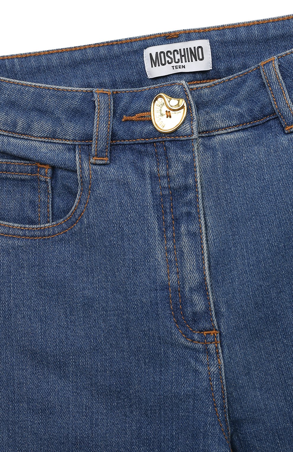 Детские джинсы MOSCHINO синего цвета, арт. HDP05I/N0Z83/10A-14A | Фото 3 (Детали: Однотонный; Материал сплава: Проставлено; Нос: Не проставлено; Материал внешний: Хлопок)