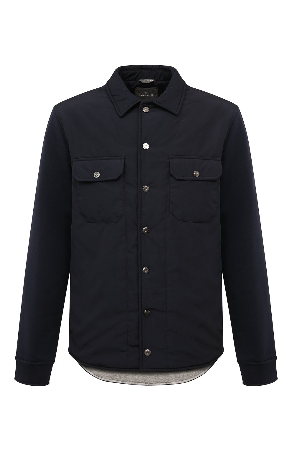 Мужская утепленная куртка-рубашка CAPOBIANCO темно-синего цвета, арт. 15M372.F0NY. | Фото 1 (Материал утеплителя: Шерсть; Рукава: Длинные; Мужское Кросс-КТ: утепленные куртки; Материал сплава: Проставлено; Материал внешний: Хлопок; Драгоценные камни: Проставлено; Длина (верхняя одежда): Короткие; Материал подклада: Хлопок; Стили: Кэжуэл)