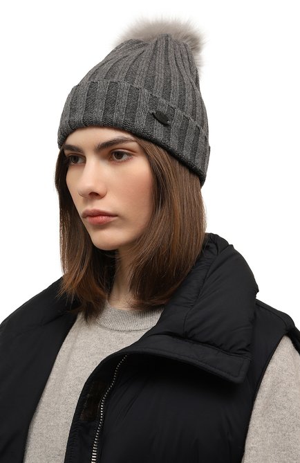 Женская кашемировая шапка COLOMBO темно-серого цвета, арт. CL00122/2-26KI | Фото 2 (Материал: Текстиль, Шерсть, Кашемир; Нос: Не проставлено; Материал сплава: Проставлено)