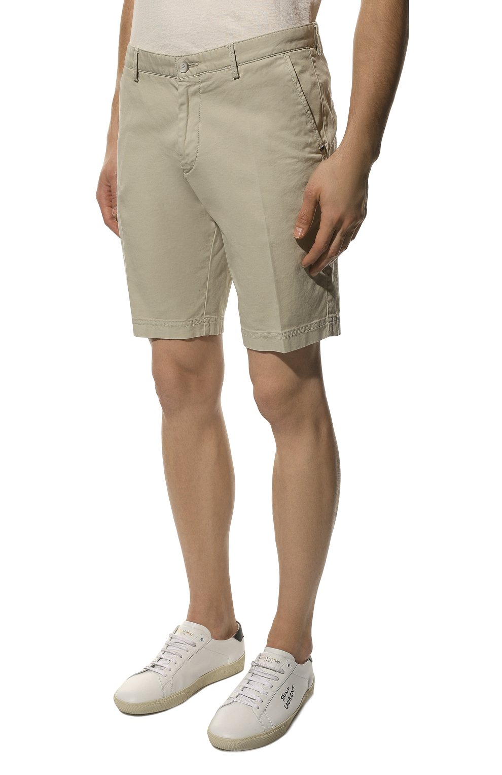 Мужские хлопковые шорты BOSS бежевого цвета, арт. 50406679 | Фото 3 (Длина Шорты М: До колена; Принт: Без принта; Материал внешний: Хлопок; Случай: Формальный; Стили: Кэжуэл)