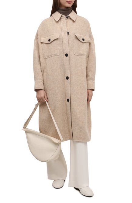 Женское шерстяное пальто ISABEL MARANT ETOILE светло-бежевого цвета, арт. MA0902-22P004E/F0NTIA | Фото 2 (Материал внешний: Шерсть; Материал подклада: Хлопок; Рукава: Длинные; Длина (верхняя одежда): Длинные; Стили: Минимализм; 1-2-бортные: Однобортные)