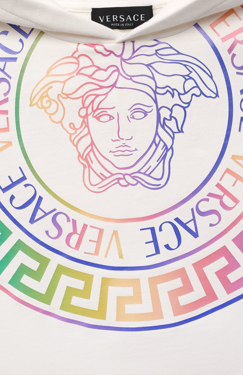 Детский хлопковое худи VERSACE белого цвета, арт. 1000352/1A01337/4A-6A | Фото 3 (Рукава: Длинные; Материал сплава: Проставлено; Материал внешний: Хлопок; Драгоценные камни: Проставлено; Девочки Кросс-КТ: Худи-одежда; Ростовка одежда: 4 года | 104 см, 5 лет | 110 см, 6 лет | 116 см)
