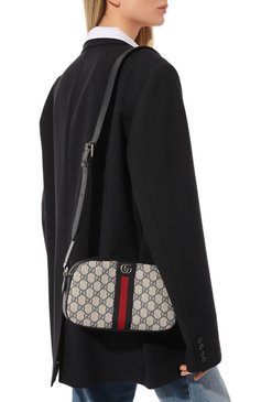 Женская сумка ophidia gg GUCCI темно-синего цвета, арт. 681064 96IWN | Фото 2 (Сумки-технические: Сумки через плечо; Материал: Канва, Натуральная кожа; Ремень/цепочка: На ремешке; Размер: small)