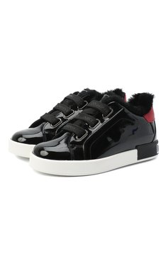 Детские кожаные кеды с меховой отделкой DOLCE & GABBANA черного цвета, арт. D10876/A7037/29-36 | Фото 1 (Девочки-школьная форма: Спортивная обувь; Материал утеплителя: Натуральный мех; Девочки Кросс-КТ: Обувь-низкие; Региональные ограничения белый список (Axapta Mercury): RU; Материал сплава: Проставлено; Нос: Не проставлено; Длина стельки: 18,1, 18,7, 19,4, 20,1, 20,7, 21,4, 22,1, 22,7)