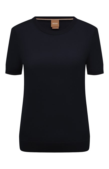 Женский шерстяной пуловер BOSS темно-синего цвета, арт. 50473246 | Фото 1 (Материал внешний: Шерсть; Рукава: Короткие; Длина (для топов): Стандартные)