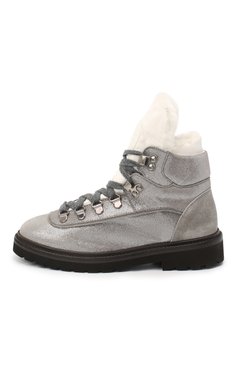 Детские кожаные ботинки с меховой отделкой BRUNELLO CUCINELLI серебряного цвета, арт. BZMICZG027 | Фото 2 (Кросс-КТ: хайкеры; Материал утеплителя: Натуральный мех; Материал сплава: Проставлено; Нос: Не проставлено)