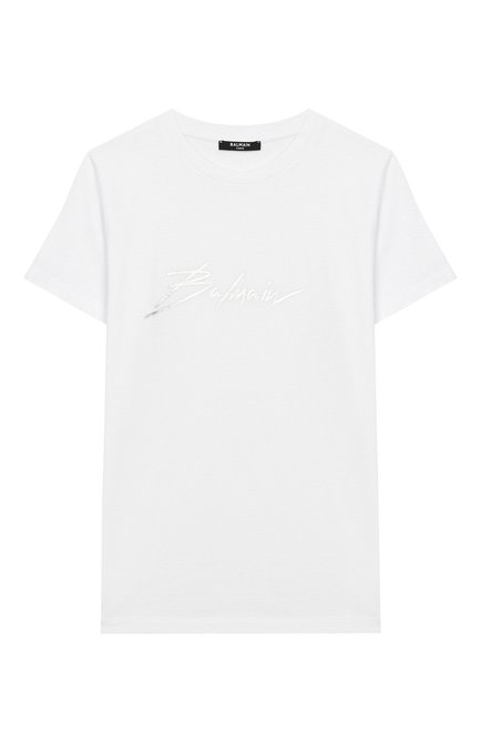 Детская хлопковая футболка BALMAIN белого цвета, арт. 6M8741/MX030/4-10 | Фото 1 (Материал внешний: Хлопок; Рукава: Короткие; Девочки Кросс-КТ: футболка-одежда; Региональные ограничения белый список (Axapta Mercury): RU; Ростовка одежда: 10 - 11 лет | 140 - 146см, 6 лет | 116 см)