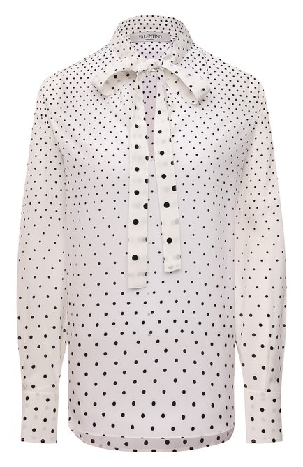 Женская шелковая блузка VALENTINO кремвого цвета, арт. WB0AE6F56PN | Фото 1 (Длина (для топов): Удлиненные; Рукава: Длинные; Материал внешний: Шелк; Стили: Романтичный; Женское Кросс-КТ: Блуза-одежда; Принт: С принтом)