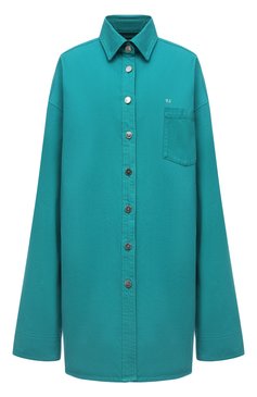 Женская джинсовая рубашка RAF SIMONS бирюзового цвета, арт. 212-W243-10032 | Фото 1 (Рукава: Длинные; Кросс-КТ: Деним; Принт: Без принта; Женское Кросс-КТ: Рубашка-одежда; Стили: Гранж; Длина (для топов): Удлиненные; Материал внешний: Хлопок, Деним)