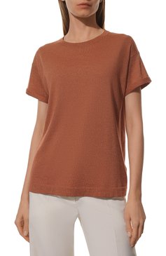 Женский топ из кашемира и шелка BRUNELLO CUCINELLI оранжевого цвета, арт. M41810000 | Фото 3 (Материал внешний: Шерсть, Кашемир; Рукава: Короткие; Длина (для топов): Стандартные; Материал сплава: Проставлено; Драгоценные камни: Проставлено; Стили: Кэжуэл)