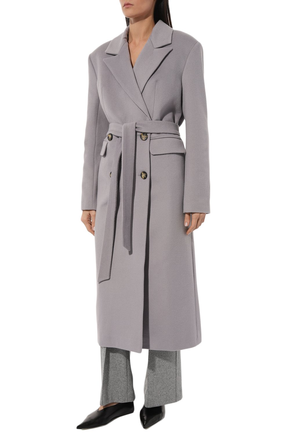 Женское пальто из шерсти и вискозы LESYANEBO серого цвета, арт. ICONIC/H-405/OLZ | Фото 3 (Материал внешний: Шерсть; Рукава: Длинные; Материал сплава: Проставлено; Стили: Классический; Дли на (верхняя одежда): Длинные; Драгоценные камни: Проставлено; 1-2-бортные: Двубортные)