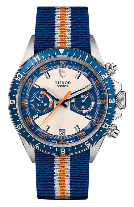 Мужские часы chrono blue TUDOR бесцветного цвета, арт. 70330B/BLUE FABRIC WHITE AND ORANGE/OPALINE BLUE | Фото 1 (Материал корпуса: Сталь; Цвет циферблата: Другое; Механизм: Автомат)