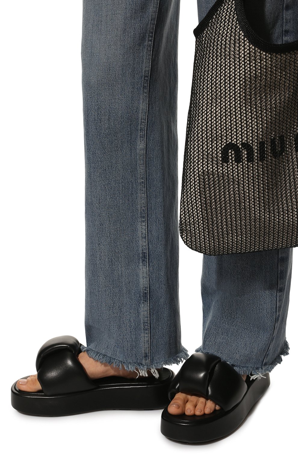 Женские кожаные шлепанцы MIU MIU черного цвета, арт. 5XX550-038-F0002-045 | Фото 3 (Подошва: Платформа)