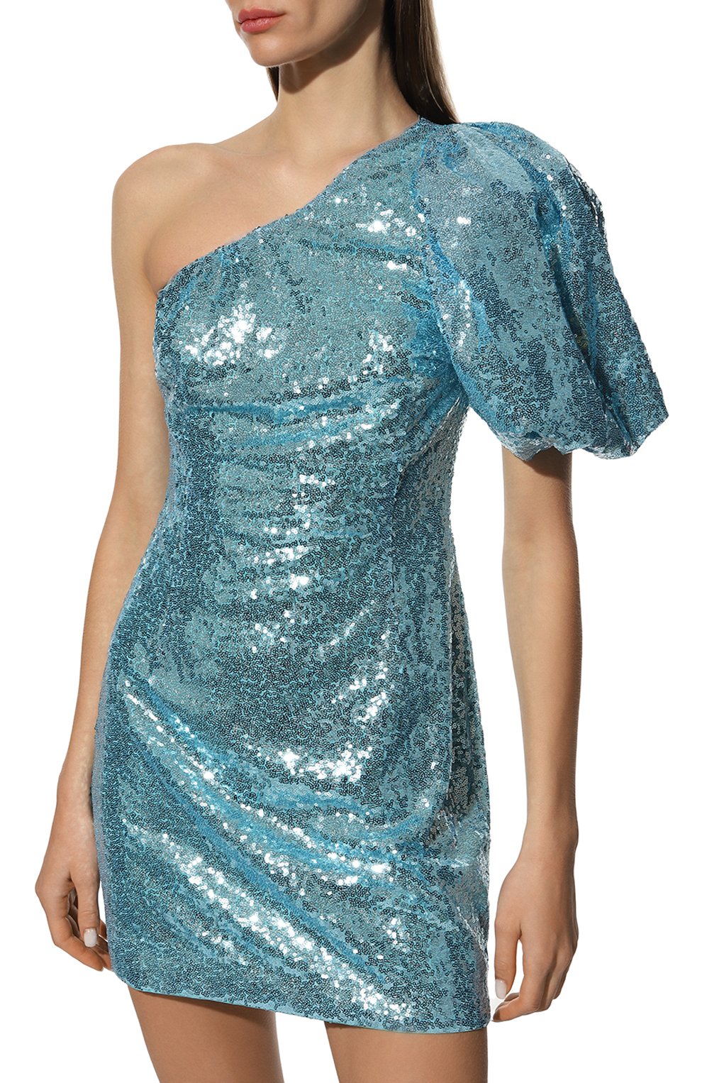 Женское платье с отделкой пайетками LIKE YANA голубого цвета, арт. L1-23/5-672-5551/1 | Фото 3 (Случай: Коктейльный; Стили: Гламурный; Длина Ж (юбки, платья, шорты): Мини; Материал внешний: Синтетический материал; Рукава: 3/4; Женское Кросс-КТ: Платье-одежда)