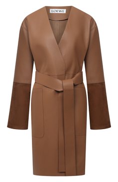 Женское кожаное пальто LOEWE коричневого цвета, арт. S359336XBS | Фото 1 (Рукава: Длинные; Длина (верхняя одежда): До колена; Региональные ограничения белый список (Axapta Mercury): RU; 1-2-бортные: Однобортные; Материал внешний: Натуральная кожа; Женское Кросс-КТ: Замша и кожа; Стили: Кэжуэл)
