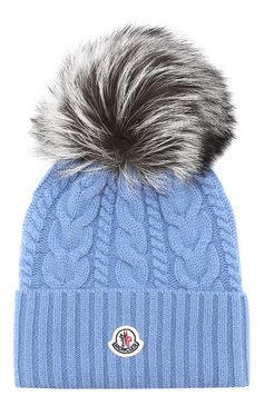 Женская шапка из смеси шерсти и кашемира с меховым помпоном MONCLER голубого цвета, арт. D2-093-99608-10-948AK | Фото 1 (Материал: Текстиль, Кашемир, Шерсть; Статус проверки: Проверено, Проверена категория)