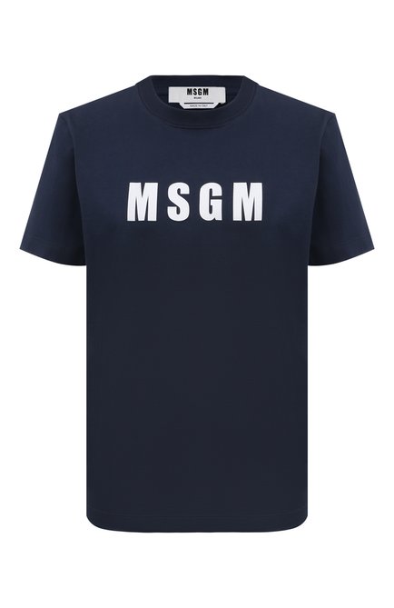 Женская хлопковая футболка MSGM темно-синего цвета, арт. 3641MDM92/247002 | Фото 1 (Драгоценные камни: Проставлено; Материал внешний: Хлопок; Материал сплава: Проставлено; Рукава: Короткие; Длина (для топов): Стандартные)