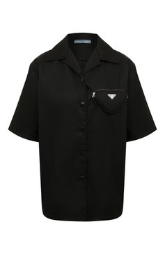 Женская рубашка PRADA черного цвета, арт. 24X702-1WQ8-F0002-212 | Фото 1 (Стили: Гламурный; Принт: Без принта; Рукава: Короткие; Женское Кросс-КТ: Рубашка-одежда; Материал внешний: Синтетический материал; Длина (для топов): Стандартные)