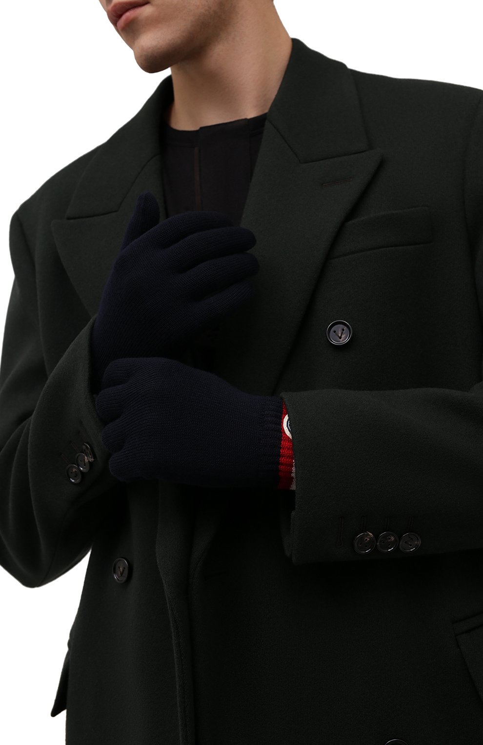 Мужские шерстяные  перчатки MONCLER темно-синего цвета, арт. G2-091-3A000-04-A9575 | Фото 2 (Материал: Текстиль, Шерсть; Кросс-КТ: Трикотаж)