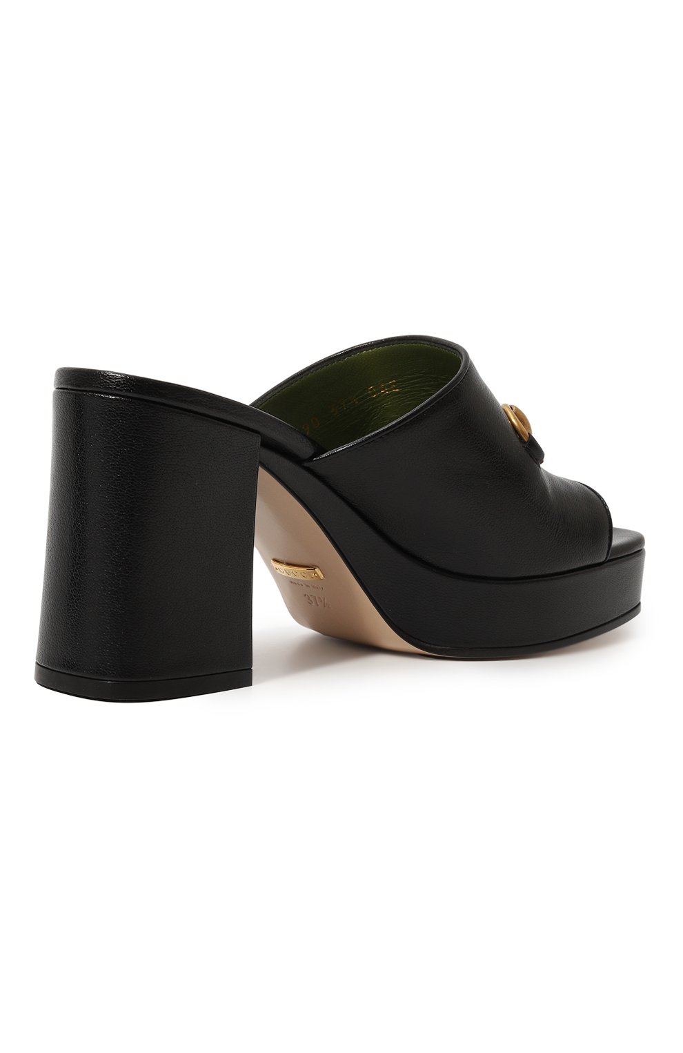 Женские кожаные мюли GUCCI черного цвета, арт. 602390 CPD90 | Фото 3 (Подошва: Платформа; Каблук высота: Высокий; Материал сплава: Проставлено; Каблук тип: Устойчивый; Драгоценные камни: Проставлено)