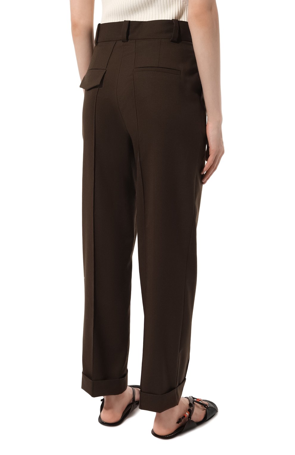 Женские шерстяные брюки AERON темно-коричневого цвета, арт. PA217 | Фото 4 (Материал внешний: Шерсть; Длина (брюки, джинсы): Стандартные; Женское Кросс-КТ: Брюки-одежда; Силуэт Ж (брюки и джинсы): Прямые; Материал сплава: Проставлено; Драгоценные камни: Проставлено; Материал подклада: Вискоза; Стили: Кэжуэл)