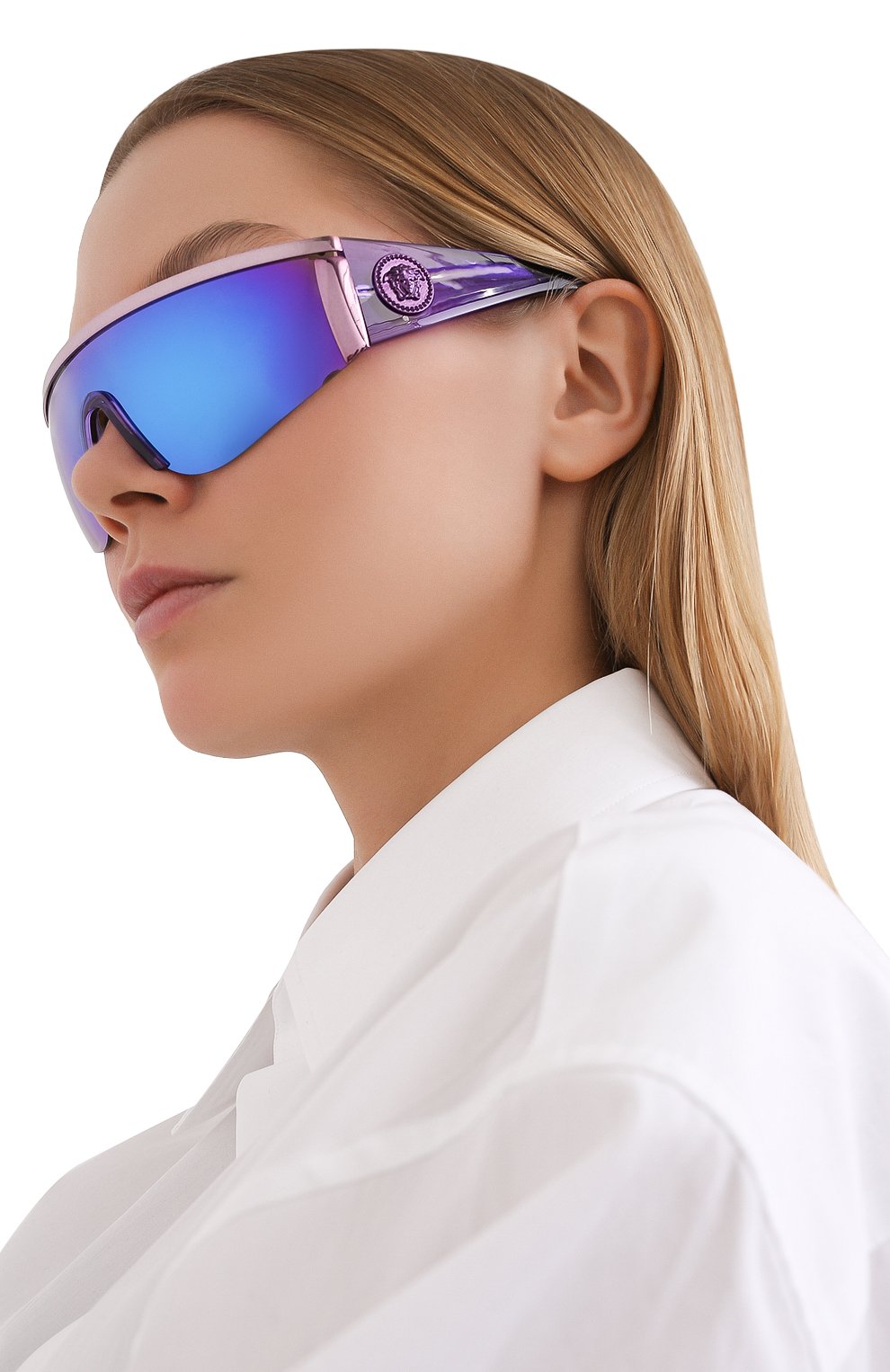 Женские солнцезащитные очки VERSACE фиолетового цвета, арт. 2197-146455 | Фото 2 (Региональные ограничения белый список (Axapta Mercury): RU; Тип очков: С/з; Очки форма: Маска; Оптика Гендер: оптика-женское)