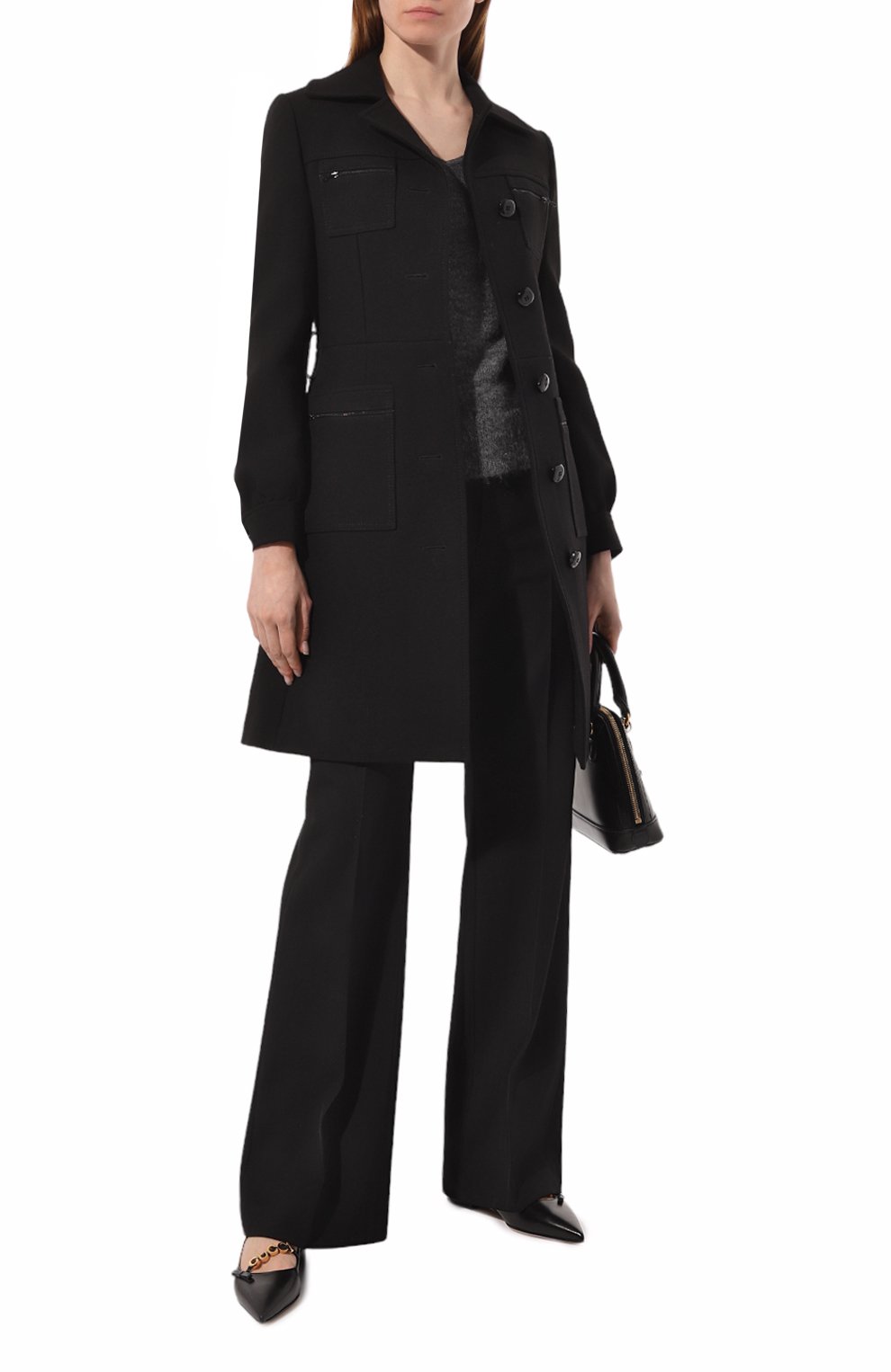 Женское шерстяное пальто GUCCI черного цвета, арт. 577442 Z8ADM | Фото 2 (Стили: Ретро; Материал внешний: Шерсть; Рукава: Длинные; Длина (для топов): Удлиненные; 1-2-бортные: Однобортные)