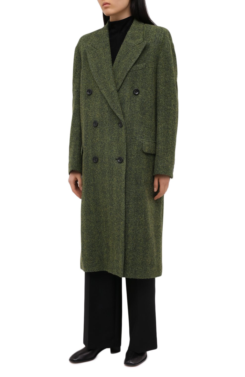 Женское шерстяное пальто DRIES VAN NOTEN зеленого цвета, арт. 202-10225-1260 | Фото 3 (Материал внешний: Шерсть; Рукава: Длинные; Стили: Классический; Длина (верхняя одежда): Длинные; 1-2-бортные: Двубортные; Материал подклада: Купро)