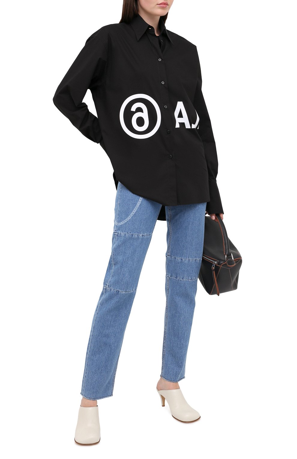Женская хлопковая рубашка MM6 черного цвета, арт. S52DL0097/S47294 | Фото 2 (Рукава: Длинные; Женское Кросс-КТ: Рубашка-одежда; Принт: С принтом; Длина (для топов): Удлиненные; Материал внешний: Хлопок)