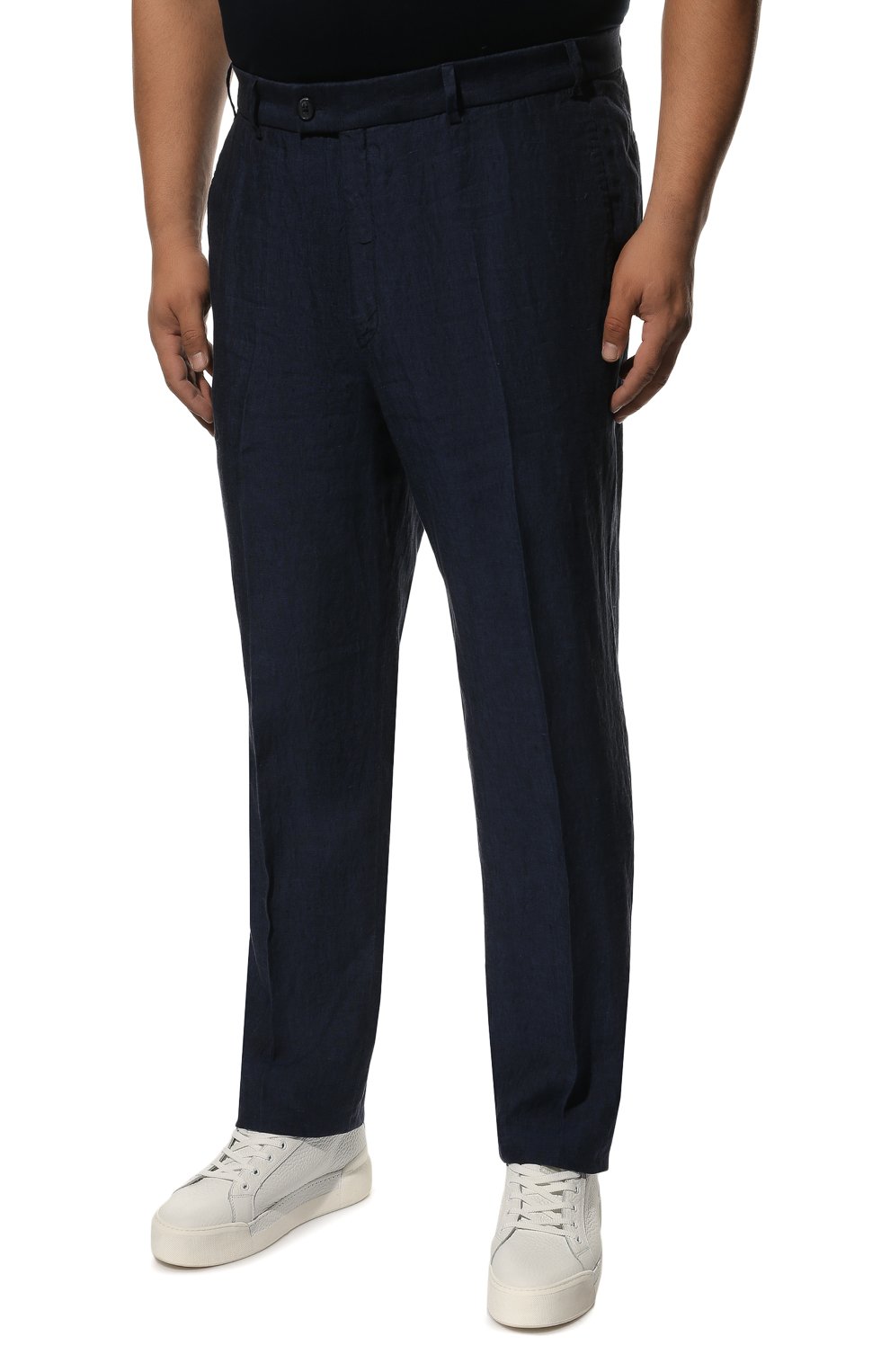 Мужские льняные брюки HILTL темно-синего цвета, арт. PIL0/53355/60-70 | Фото 3 (Big sizes: Big Sizes; Силуэт М (брюки): Чиносы; Длина (брюки, джинсы): Стандартные; Случай: Повседневный; Материал внешний: Лен; Стили: Кэжуэл)