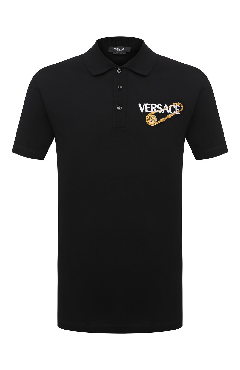 Мужское хлопковое поло VERSACE черного цвета, арт. 1001562/1A01159 | Фото 1 (Застежка: Пуговицы; Рукава: Короткие; Длина (для топов): Стандартные; Материал сплава: Проставлено; Материал внешний: Хлопок; Драгоценные камни: Проставлено; Стили: Кэжуэл)