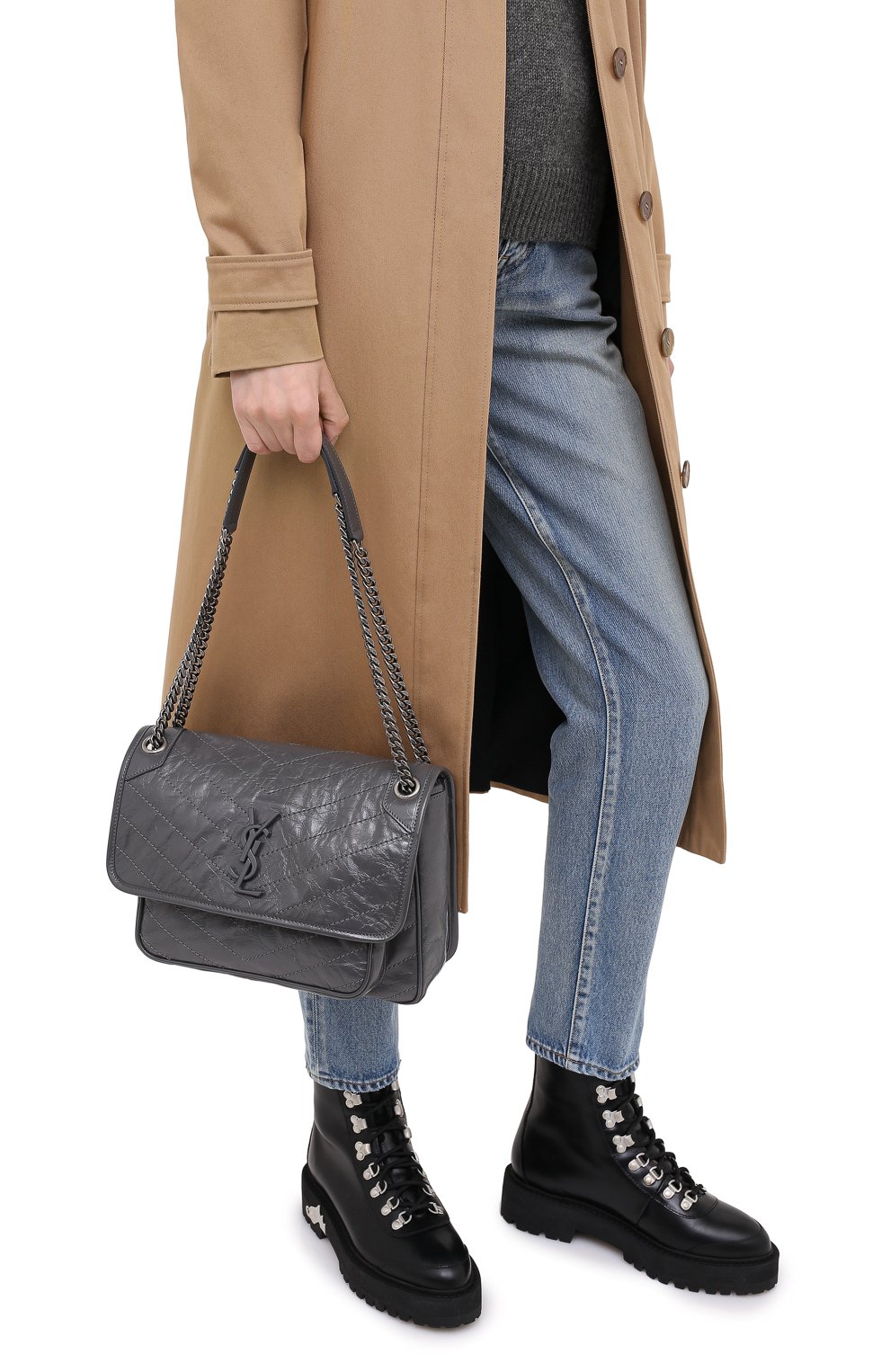 Женская сумка niki SAINT LAURENT темно-серого цвета, арт. 633158/0EN04 | Фото 2 (Сумки-технические: Сумки через плечо; Размер: medium; Материал: Натуральная кожа; Ремень/цепочка: На ремешке)